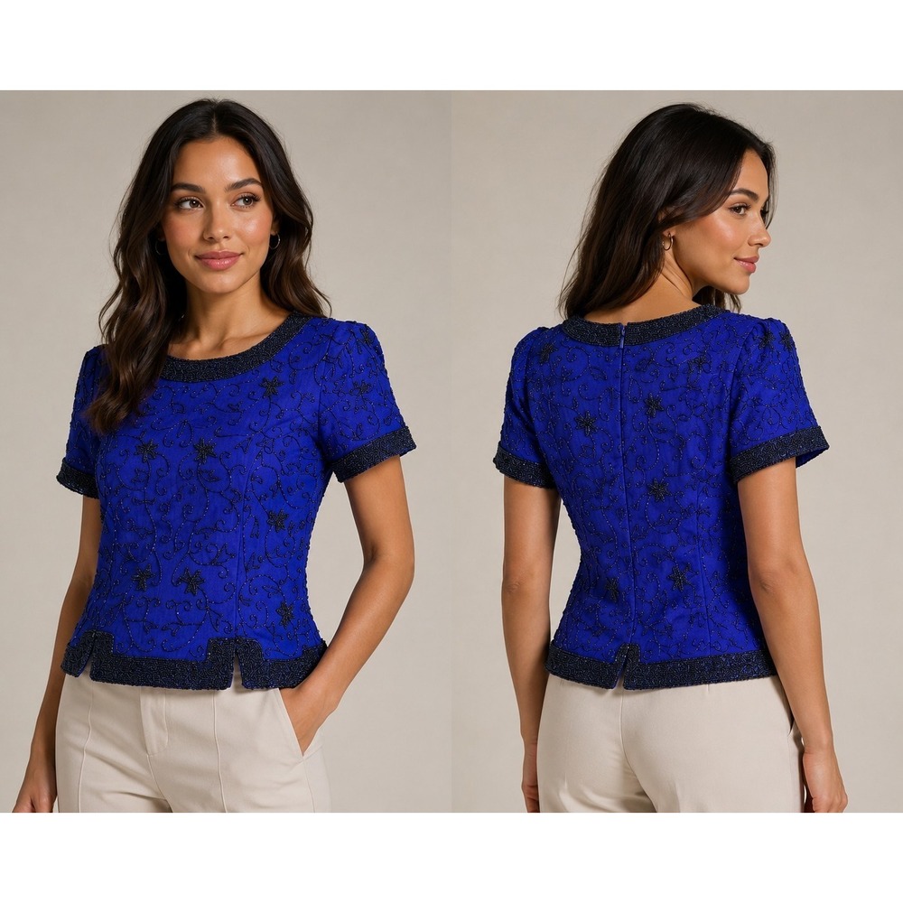 Stenay Beaded Evening Top Women's Medium Blue Black Silk Look Party
